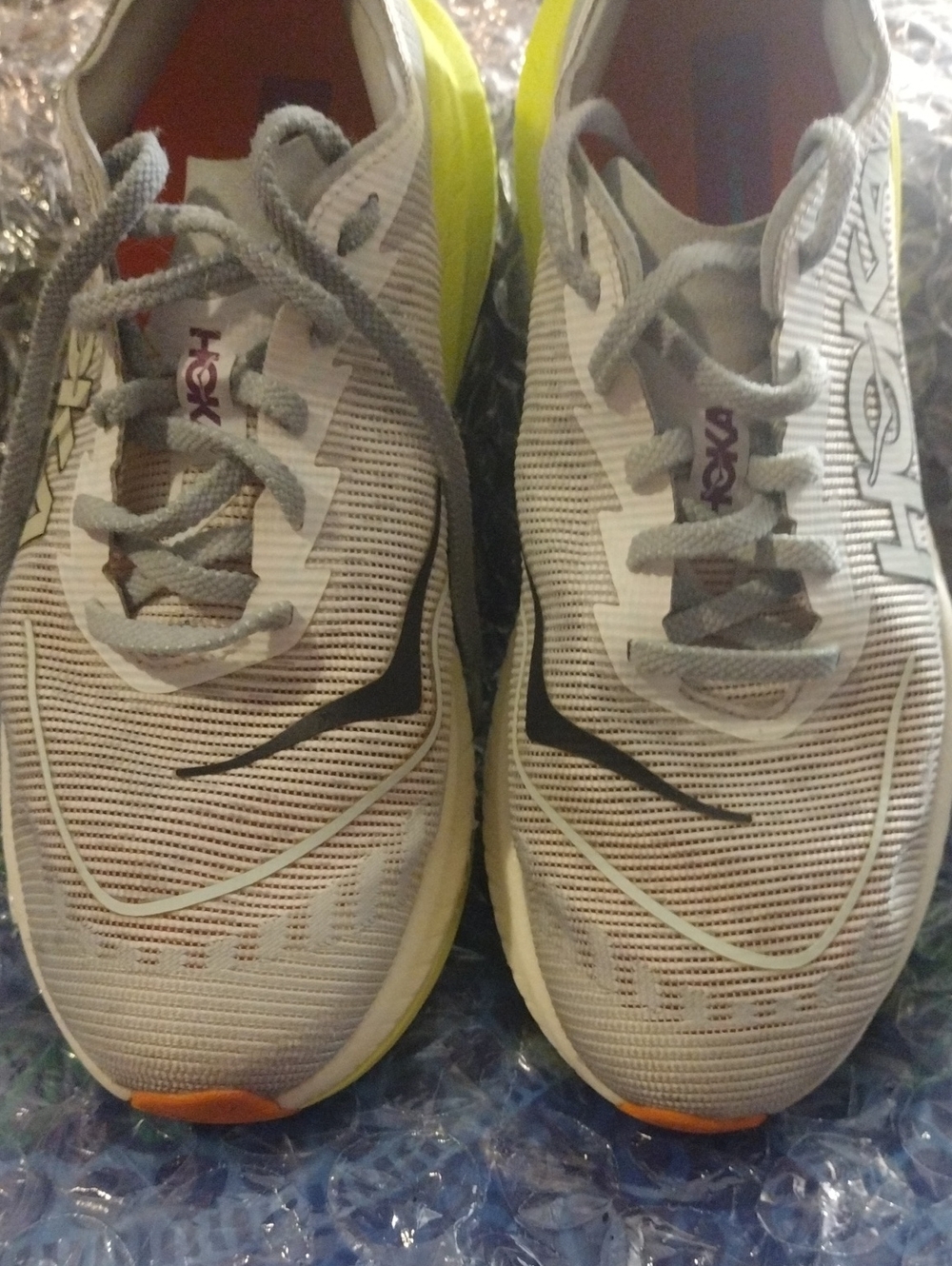 Hoka Men's Gray and Neon Yellow Athletic Running Shoes with Orange Toe